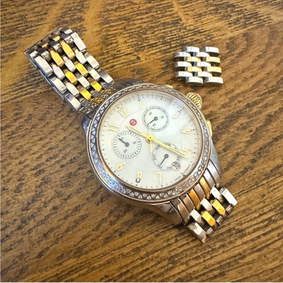 Michele Accessories - Authentic Michele Round Face Watch w/ Diamond Bezel & Two Tone Band